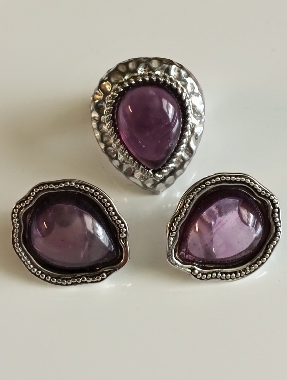Vintage Purple Gemstone & Silver Stretch Ring and Matching Earrings Set